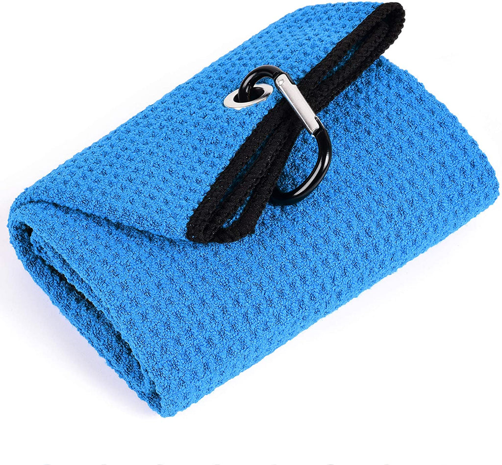 Tri-Fold Golf Towel | 16" X 24" | Premium Microfiber Fabric | Waffle Pattern | with Heavy Duty Carabiner Clip | for Men and Women (Blue)