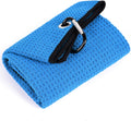 Tri-Fold Golf Towel | 16" X 24" | Premium Microfiber Fabric | Waffle Pattern | with Heavy Duty Carabiner Clip | for Men and Women (Blue)