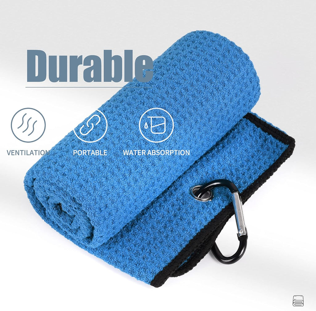 Tri-Fold Golf Towel | 16" X 24" | Premium Microfiber Fabric | Waffle Pattern | with Heavy Duty Carabiner Clip | for Men and Women (Blue)