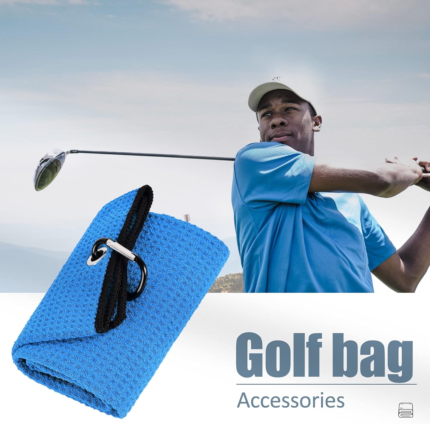 Tri-Fold Golf Towel | 16" X 24" | Premium Microfiber Fabric | Waffle Pattern | with Heavy Duty Carabiner Clip | for Men and Women (Blue)