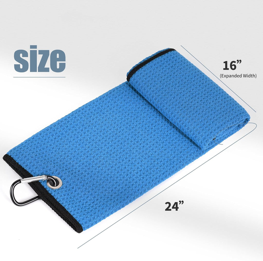 Tri-Fold Golf Towel | 16" X 24" | Premium Microfiber Fabric | Waffle Pattern | with Heavy Duty Carabiner Clip | for Men and Women (Blue)
