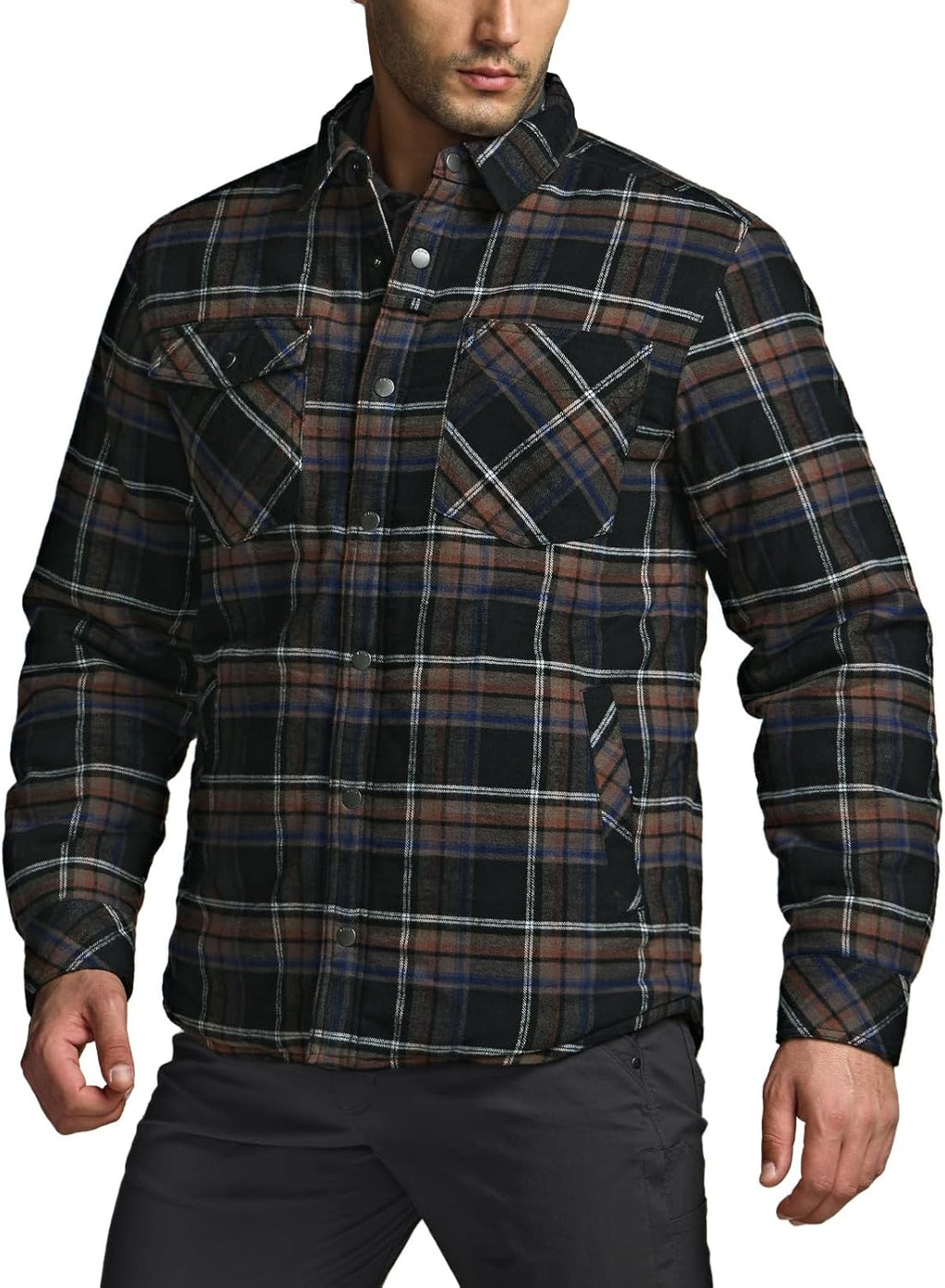 Men'S Sherpa Lined Cotton Flannel Shirt Jacket, Long Sleeve Warm Winter Outdoor Plaid Button up Jacket Coat with Pockets
