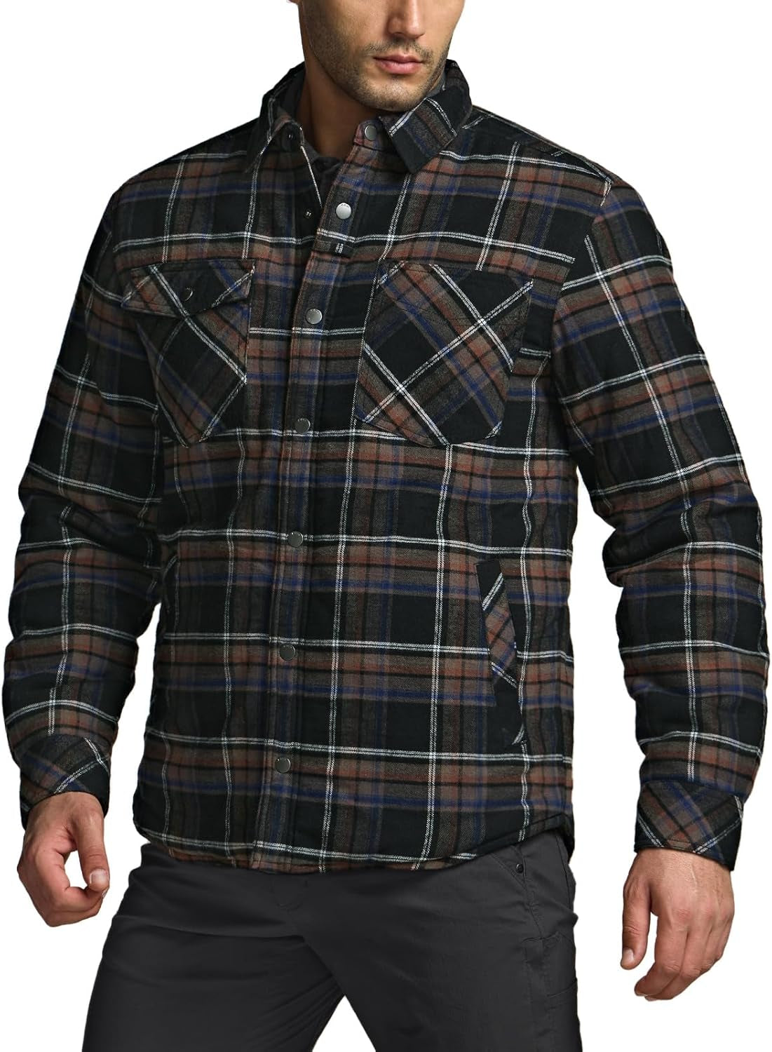 Men'S Sherpa Lined Cotton Flannel Shirt Jacket, Long Sleeve Warm Winter Outdoor Plaid Button up Jacket Coat with Pockets