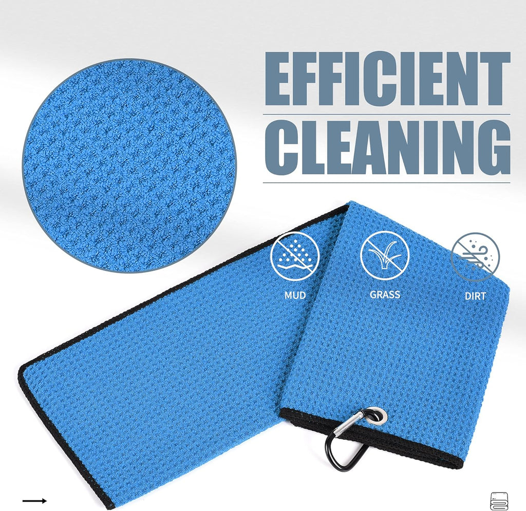 Tri-Fold Golf Towel | 16" X 24" | Premium Microfiber Fabric | Waffle Pattern | with Heavy Duty Carabiner Clip | for Men and Women (Blue)