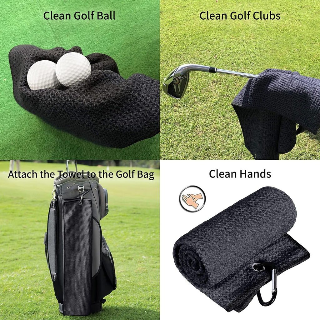 3 Pack Golf Towel Clean Set| Microfiber Waffle Pattern Tri-Fold Golf Towel | Brush Tool Kit with Club Groove Cleaner |Golf Accessories for Men, Women (Black/Gray Towel+ Gray Brush)