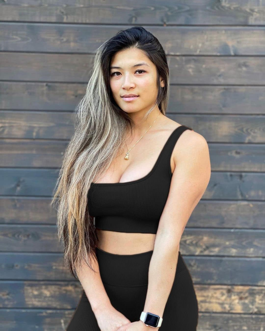 FAFOFA Women Padded Sports Bra Fitness Ribbed Workout Sexy Running Shirts Yoga 2 Piece Outfits Black L